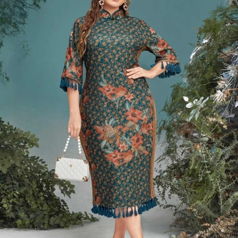NWT- SHEIN Plus Mandarin Collar Tassel Trim Floral Dress